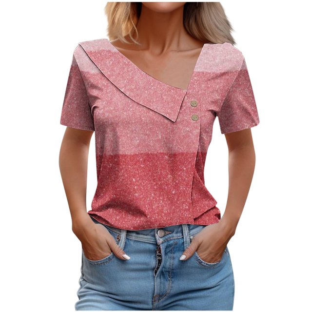 FAIWAD Women Summer Tops Short Sleeve Irregular V Neck Button T-Shirts Geometric Color Block Print Tees Blouses