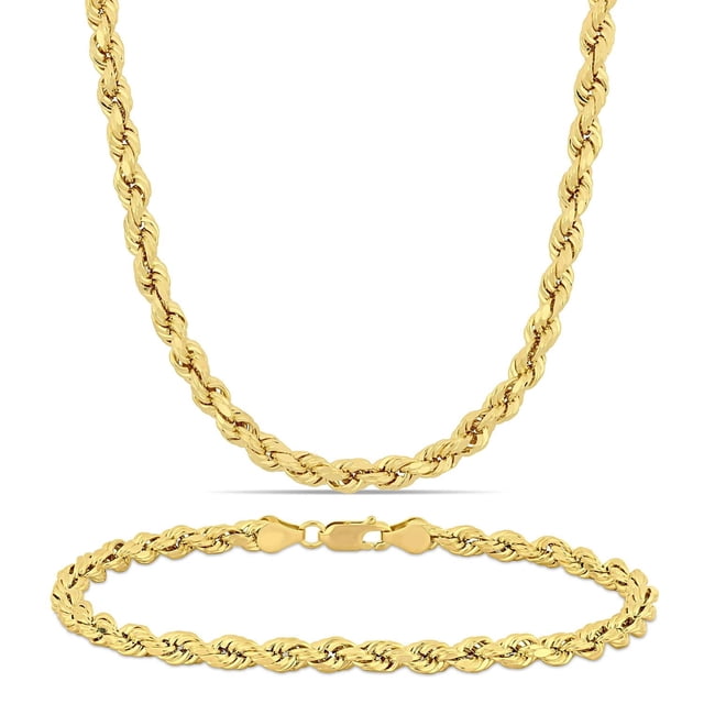 Miabella Men's 10K Yellow Gold Necklace and Bracelet Rope Chain Set, 20"