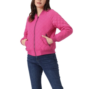 INSPIRE CHIC Blouson Matelassé Bomber à Col Montant à Fermeture à Glissière à Manches Raglan pour Femme P Rose Vif