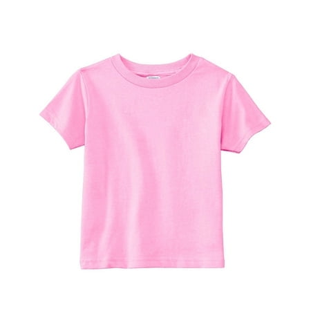 Rabbit Skins Toddler Cotton Jersey T-Shirt in a solid pink color, featuring a ribbed crew neck, double-needle hemmed sleeves, and bottom. Made from 100% cotton jersey with taped shoulder-to-shoulder seams for added durability. Suitable for toddler girls, compliant with CPSIA standards, and includes a tracking label in the sideseam.