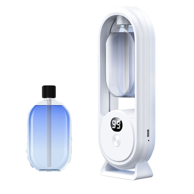 Wireless Intelligent Aromatherapy Diffuser Home Automated Diffuser Hotel Sprayer Toilet Deodorizer Freshener Perfumed 50ml by Czzoypi. The image shows a modern, white ABS diffuser with a vertical oval frame, a digital display, and a single control button. A transparent chamber for the 50ml perfume is integrated into the design. A separate blue-tinted refill bottle with a black cap is included. Designed for spaces up to 60m², it features 360° atomization and vertical spray for efficient deodorizing and freshening.