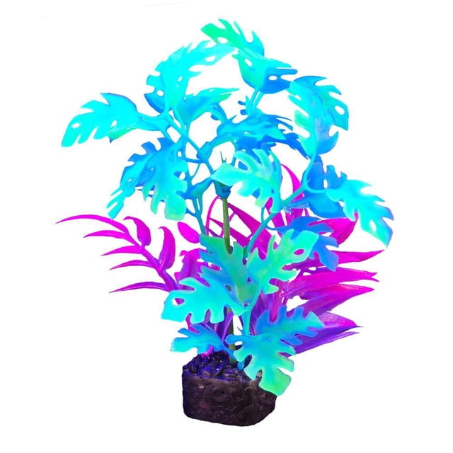 Marina iGlo Aquarium Plant, 7.5" with fluorescent blue and purple artificial leaves on a textured black base, safe for freshwater aquariums and glowing under blue LED lights, ideal for aquarium décor and fish tank accessories.