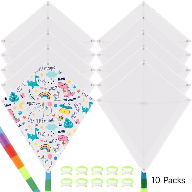 10 Packs DIY Blank Kites for Kids, a kite making craft kit with white polyester kites in prismatic shapes, measuring 23.4 x 18.7 inches. Includes 10 hand grips with 98ft strings, 20 colorful kite tails, and durable iron supports. Perfect for outdoor activities and creative decorating with markers or paints.
