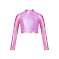 thumbnail image 1 of RUNQHUI Enfants Filles Col Roulé Métallique Danse Crop Top Paillettes Manches Longues pour Danse Raves Festivals Sports Rose 8, 1 of 5