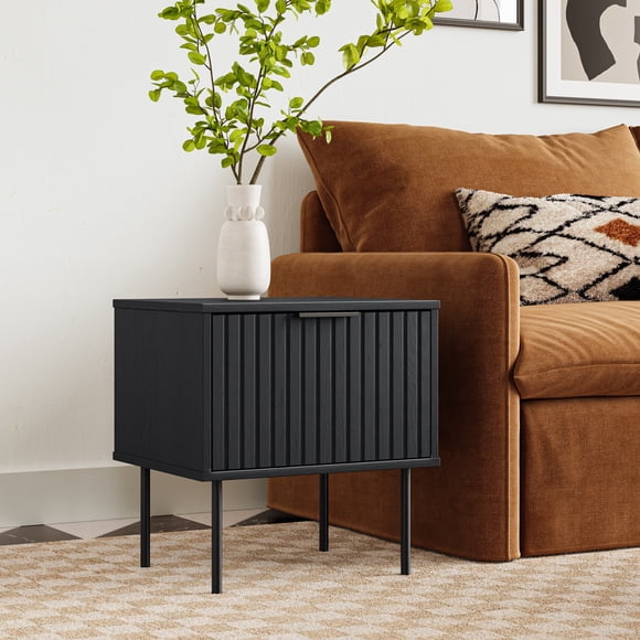 CorLiving Lysander Fluted Premium Engineered Wood Indoor Side Table with Metal Legs, Black