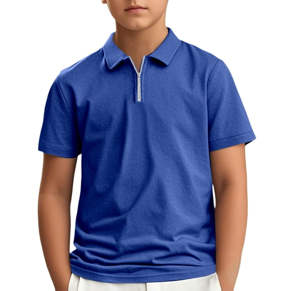 XASZHN Kids Boys Girls Short Sleeve Summer Casual Solid Zipper Gentleman Tops Teen Holiday Shirts T Shirt Tops Blue 13-14 Years