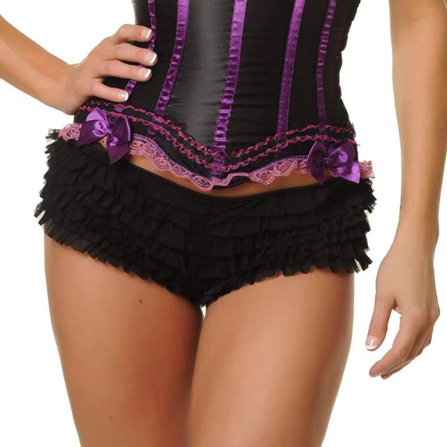 Penkiiy Women Ruffled Bloomer Shorts Y2K Cute Lace Ruffle Shorts Elastic Waist Fairy Mesh Layered Micro Shorts M Black