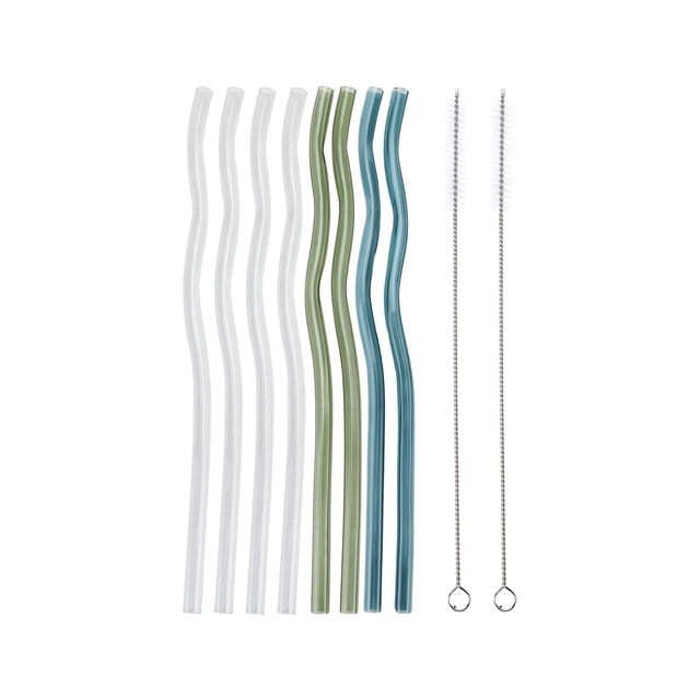Better Homes & Gardens 9 Inch Tinted Straws Set10pc with eight reusable Tritan plastic straws in clear, green, and blue featuring a slight bend, plus two nylon cleaning brushes. Durable and dishwasher safe, ideal for eco-conscious drinkware accessories and everyday use.