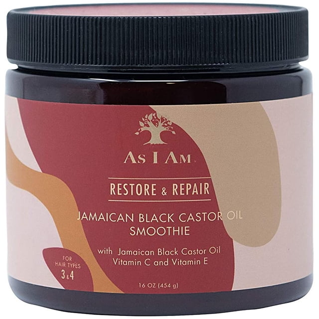 As I Am Smoothie à l'Huile de Ricin Noire Jamaïcaine Pot de 16 oz avec Couvercle Brun Foncé et Étiquette beige Mettant en Vedette la Marque Restore & Repair. un Traitement Capillaire Conçu pour les types de Cheveux 3 et 4, Il Contient de l'Huile de Ricin Noire Jamaïcaine, de la Vitamine C et de la Vitamine E pour une Tenue Légère et une Nutrition.
