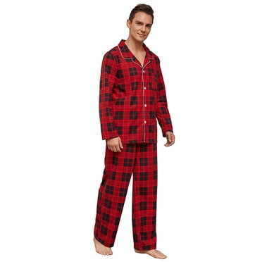 Vulcanodon Mens Soft Print Pajama Set, Plaid Pajamas for Men, Lightweight Warm PJS with Pockets(Red-black Plaid, X-Large)