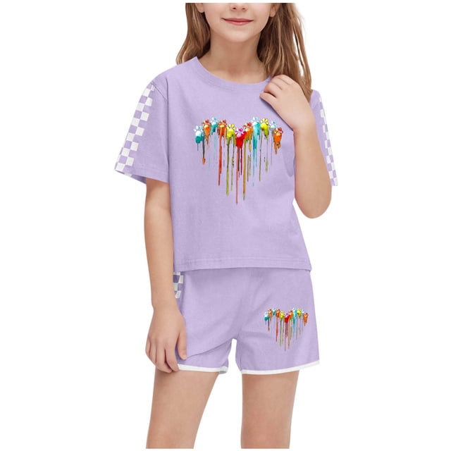 Économies d'Été! HVOBTTY Ensemble Décontracté 2 Pcs à Manches Courtes pour Filles, Ensemble de Mode Décontracté à Manches Courtes pour Garçons et Filles avec Col Rond, Boutons et Short Imprimé Violet, 10 Ans