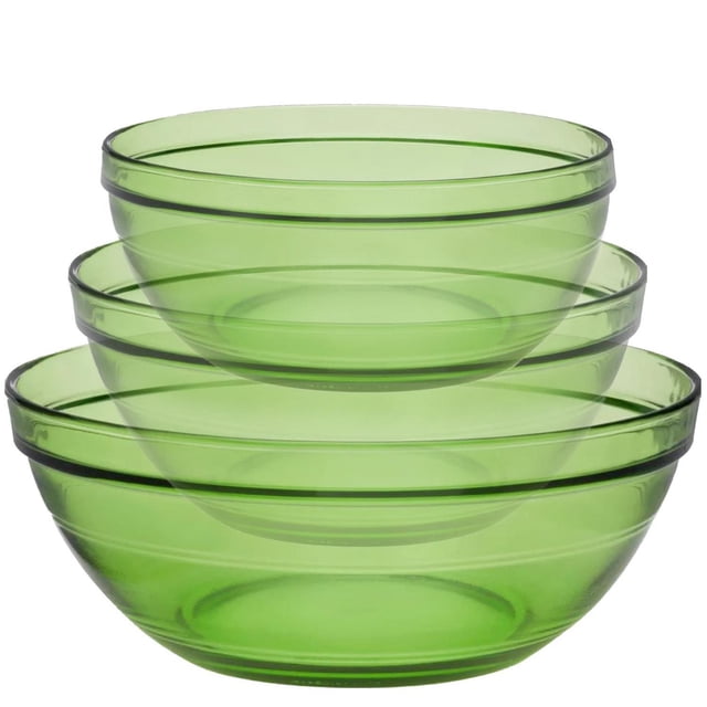 Duralex Lys Green Ensemble de Bols Empilables de 3 Comprend Trois Bols de Service en Verre Trempé Vert Translucide Mesurant 14,5 cm, 17 cm et 20,5 cm, Empilables pour un Rangement Efficace, Compatibles Micro-Ondes et Lave-Vaisselle, et Résistants aux Impacts et aux Écrasements, Convenant aux Repas et au Service au Quotidien.