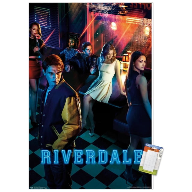Riverdale - Affiche Murale d'Art Clé, 22,375 Po x 34 Po Représentant une Scène de Salle à Manger Éclairée au Néon avec Cinq Jeunes Adultes Habillés de Vêtements Inspirés des Années 1950, Incluant une Veste Universitaire et des Robes, Arrangée sur un Plancher à Carreaux Noir et Blanc avec le Titre « Riverdale » Bleu Lumineux au Bas, Idéale pour Ajouter une Déco Murale Audacieuse aux Chambres, Bureaux Ou Dortoirs.