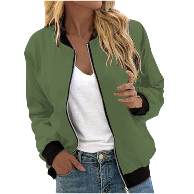Womens Fashion Jacket Casual Stand Collar Zip Up Lightweight Coat Fall Color Block Jackets with Pockets Green L