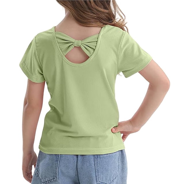 Girls Bow Back T Shirts Kids Ribbed Crew Neck Short Sleeve Tops Summer Trendy Tees