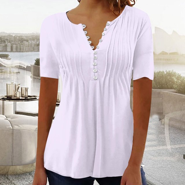 LSLJS Womens T Shirts Women's Fashion Casual Round Neck Pleated Solid Color Button Top Blouse
