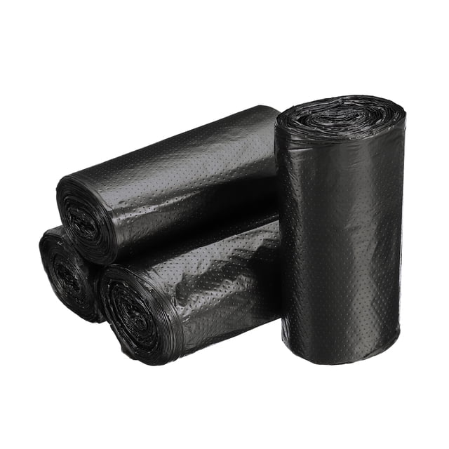 Unique Bargains Small Trash Bags 0.5 Gallon Garbage Bags in black, shown as four compact rolls totaling 120 counts. Made of PE plastic, these thin yet sturdy bags are designed for small trash cans or desktop mini trash cans with a diameter less than 5.51 inches. Each bag measures 11.81 x 11.81 inches and is easy to tear off from the roll, suitable for home, kitchen, or office use.