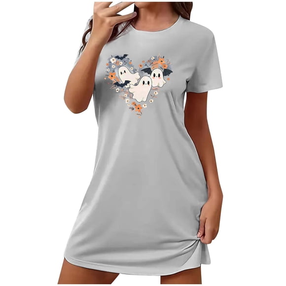 Sakmal Comfy Moomoos for Women Sleep Plus Size Gray Lightweight Halloween Moomoo Dress Short Sleeve Ghost Print Crew Neck Short Nightgowns S-2XL