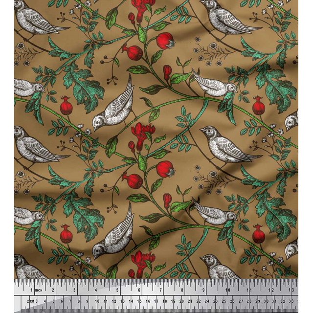 Soimoi polyester Crepe Fabric Bird & Leaf Bird Print Fabric by Yard 42 Inch Wide