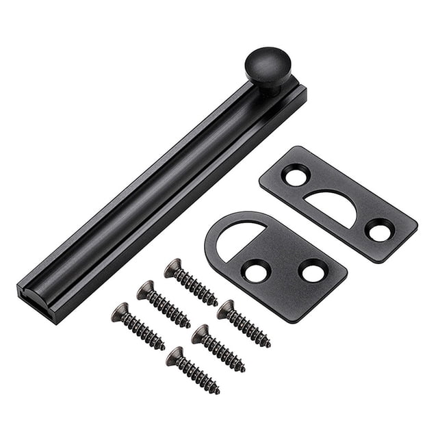 Barn Slide Bolt Door Latch Lock in black finish, made of sturdy brass for reliable door security hardware. Includes screws and mounting plates for hassle-free installation. Available in 2-inch, 3-inch, and 4-inch sizes, ideal for doors and windows.