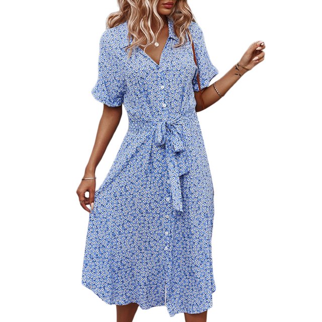 Femmes Bouton vers le Bas Midi Robe à Manches Courtes Imprimé Floral Ceinture en Vrac Robe Chemise Jaune M