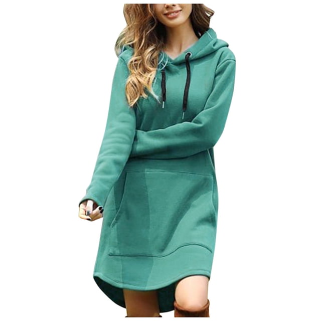 cfhntfmh Robes Chandails pour Femmes Confortables à Manches Longues Robe à Capuche Surdimensionnée Automne Douce Couleur Unie Robe Mini avec Poches