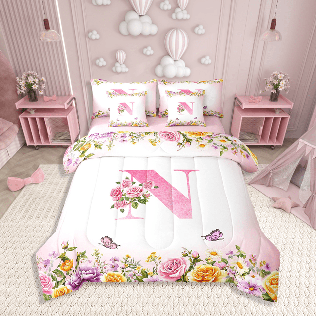 Erosebridal Ensemble de Literie Complet Format Double à Initiale Florale, Ensemble de Lit Fleurs et Papillons, Déco de Chambre pour Ados, Réversible, 7 Pcs