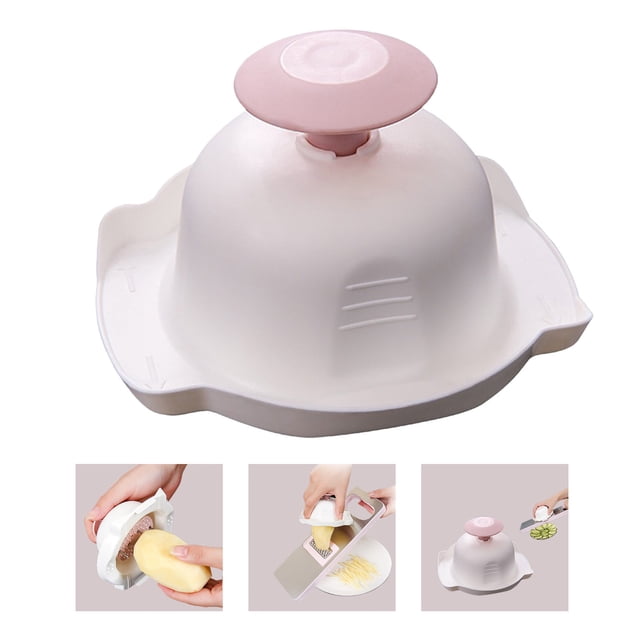 Riforla Multipurpose Tool Kitchen Use Hand Guards Cut Hand Finger Protectors for Chopping, Grating, and Mandolin Slicer. This kitchen gadget features a dome-shaped design with a pink handle on top, made of durable PP material. It is shown in use for slicing potatoes, grating vegetables, and securing food for safe cutting. Dimensions are 11.5x11.5x6.5cm, ideal for use with various slicers and graters, making it a versatile vegetable cutter.