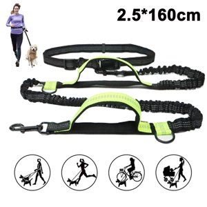 Poignée de chien, mise à niveau Poignées de chien avec deux Bungees, long laisse de chien en nylon avec ceinture réglable pour la course-vert fluorescent