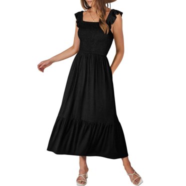 Pisexur Robes d'Été à Pois Suisses pour Femmes 2024 Bretelles Spaghetti Couleur Unie Sans Manches Robe Décontractée à Étages Contrôle du Ventre Robe Soleil Mode Évasée Élégante Robe Maxi pour Femmes Rendez-Vous