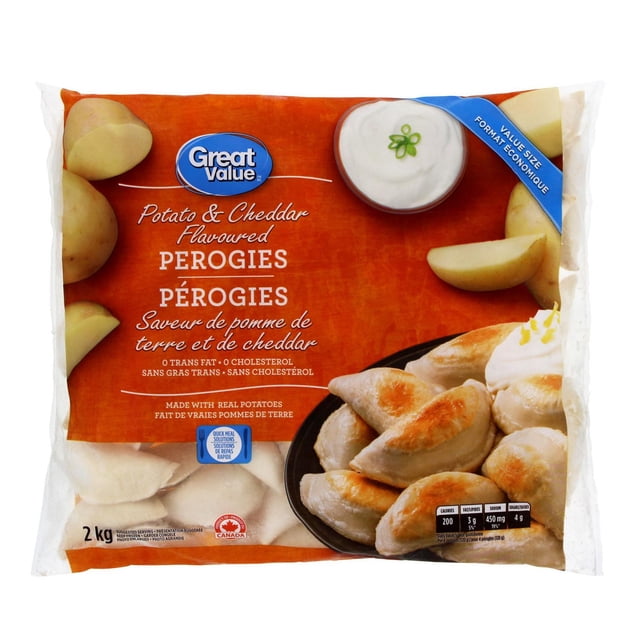 Great Value Potato & Cheddar Flavoured Perogies in a 2 kg value-size bag with orange and white packaging, showing cooked golden-brown perogies on a black plate with sour cream, raw potatoes, and a small bowl of sour cream garnished with green herbs, highlighting 0 trans fat and cholesterol and made with real potatoes, ideal for quick stovetop or pan-fry meals.