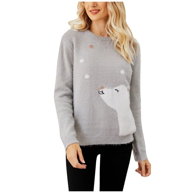 IROINID Chandail à Col Rond pour Femmes, Imprimés Graphiques, Confortable, Mi-Longueur, Manches Longues, Arbre de Noël, Snowman Épais