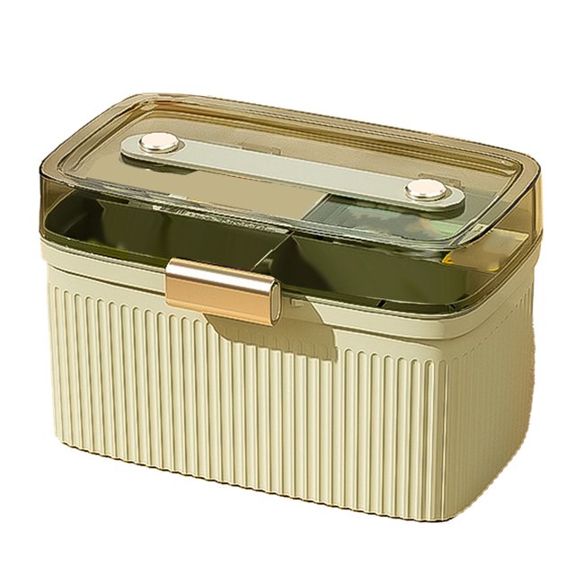 Boîte Médicale à Double Couche avec design Surélevé, en Matériau PP durable avec texture Côtelée. Comprend un Couvercle à Clapet transparent, un Verrou de Sécurité et des Compartiments de Rangement à Double Couche pour Organiser les Médicaments. Idéale pour le Rangement des Médicaments à la Maison et l'Organisation portable des Soins de Santé.