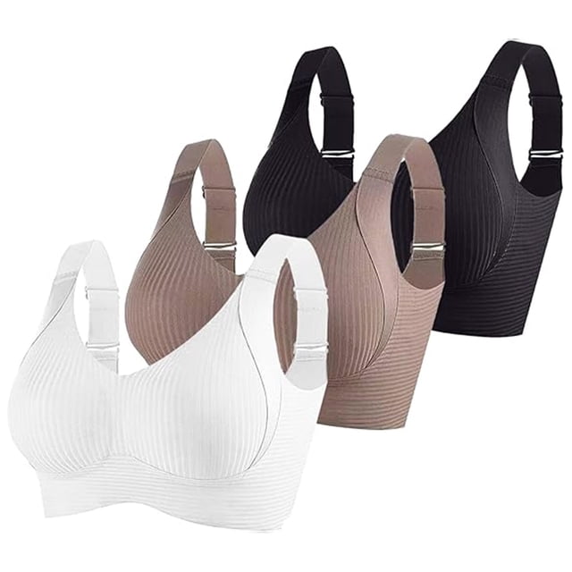 3 Pack Women Plus Size Push-Up Bras No Underwire T-Shirt Bralettes Ribbed Full Coverage Sports Everyday Bras in multicolor, including white, coffee, and black. These wireless bras feature adjustable wide straps, ribbed texture, and full-coverage design for comfort, support, and breast lifting. Ideal for casual, daily wear, and plus-size needs.