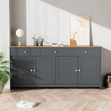 Noble House Sideboard with Gray-Black Wood Grain, 4 Doors & 3 Drawers, Wood Tone and Gray-Black for Living/Dining Room