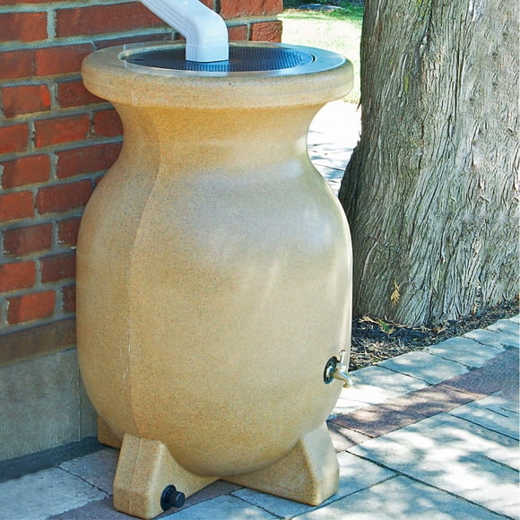 KoolScapes 55-Gallon Sandstone Rain Barrel with Brass Tap, Water Collector for Garden, Beige