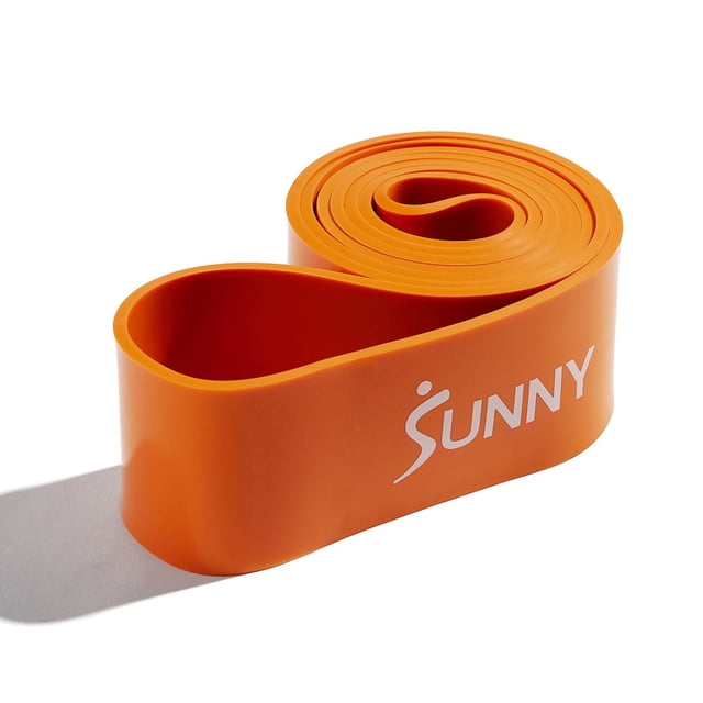 Sunny Health & Fitness Strength Training Band (Single) in orange natural latex, coiled flat with the white 'SUNNY' logo visible, designed for advanced resistance training to improve muscle strength and stabilization.