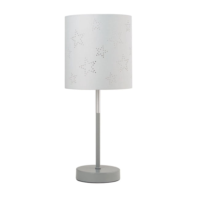 hometrends Table Lamp with a grey metal base and white fabric drum shade featuring laser-cut star patterns, standing 17 inches tall, ideal for kids’ rooms, dorms, or rec rooms, compatible with type A 60 watt or LED 10 watt bulbs, bulb not included, also suitable for adding cozy lighting to bedside tables.