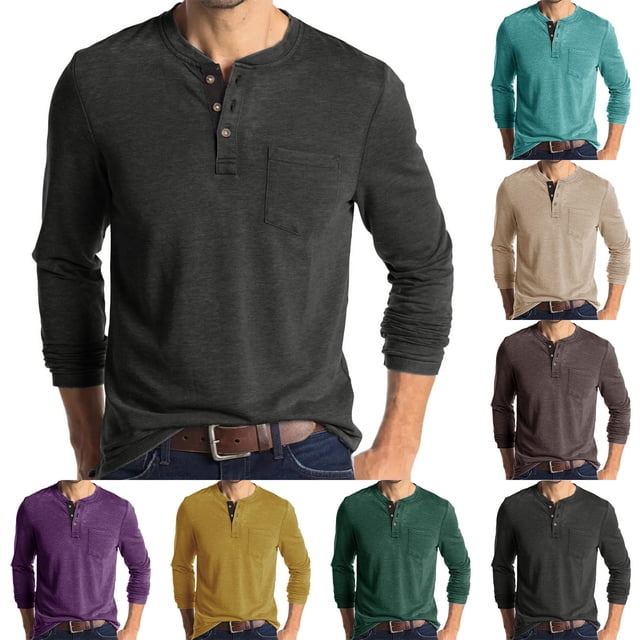 LOVZFMLL Men's Shirts, Solid Casual Button-Front Henley Shirt with Pocket, Essential Versatile, Crew Neck Relaxed Fit Fall Clothes