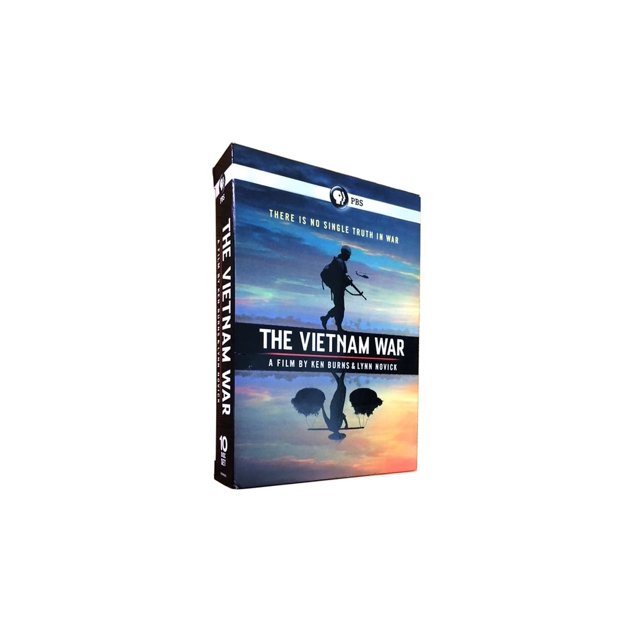 THE VIETNAM WAR (DVD), a documentary DVD by Ken Burns and Lynn Novick, featuring a silhouetted soldier against a vibrant sky with helicopters in the background. The PBS logo and tagline 'There is no single truth in war' are visible on the packaging.