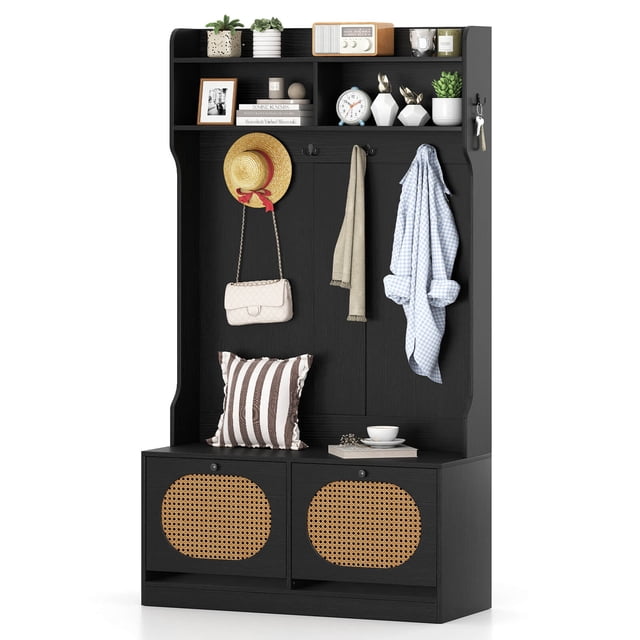 Costway 4-In-1 Hall Tree Entryway Bench with Coat Rack & Flip Drawers in black with rustic farmhouse design. Features a top shelf, two compartments, six dual-hook hangers, a shoe-changing bench, and two flip drawers with adjustable dividers for customizable storage. PE rattan accents and metal handles enhance style. Perfect as an entryway organizer or storage bench for mudrooms, living rooms, and closets.