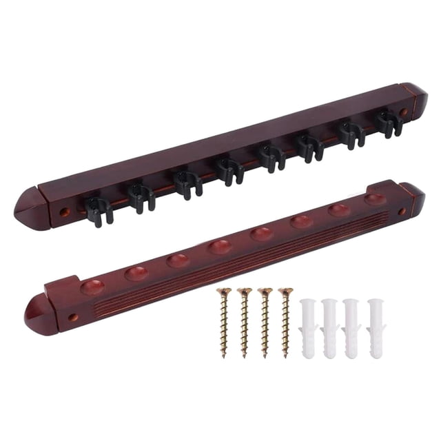 Koolsoo Billiard Pool Cue Rack Wood Wall Mount in dark red, designed to hold up to 8 cues. Includes two wooden wall-mounted holders with grooved supports, screws, and anchors for easy installation. Compact design measuring 36.5cm/14.37 inches, suitable for billiard rooms, game spaces, or as pool table accessories.