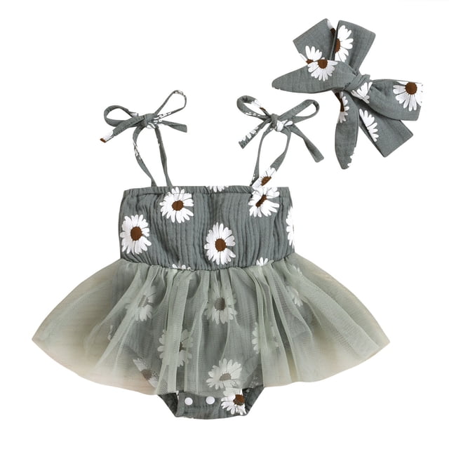 MIASHUI Barboteuse Sans Manches à Imprimé Floral pour Filles, Robe Tutu en Maille avec Bandeaux, Vert, 0-3 Mois