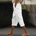 thumbnail image 2 of Women Work Pants Casual Elastic Waist Solid Color Loose Side Button Decoration Versatile Capris White S, 2 of 5