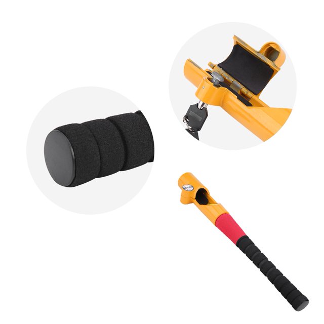 Steering Lock Anti Theft Steering Wheel Car Baseball Lock, a universal car and truck steering wheel lock made of durable rubber and iron. Features a yellow and red handle with a soft grip and a locking mechanism with two included keys. Designed to secure the steering wheel and prevent theft, it measures 44 cm in length and fits most vehicles.