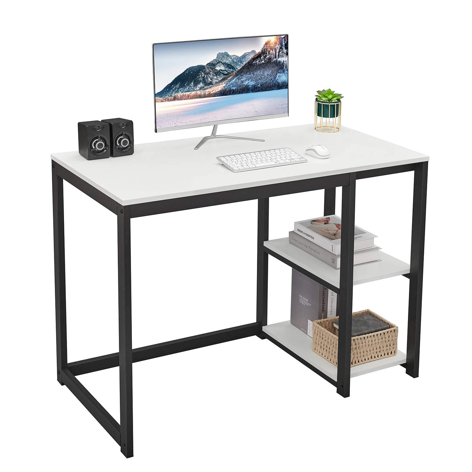 SINPAID Computer Desk 40 inches with 2-Tier Shelves Sturdy Home Office Desk with Large Storage Space Modern Gaming Desk Study Writing Laptop Table, White Desk