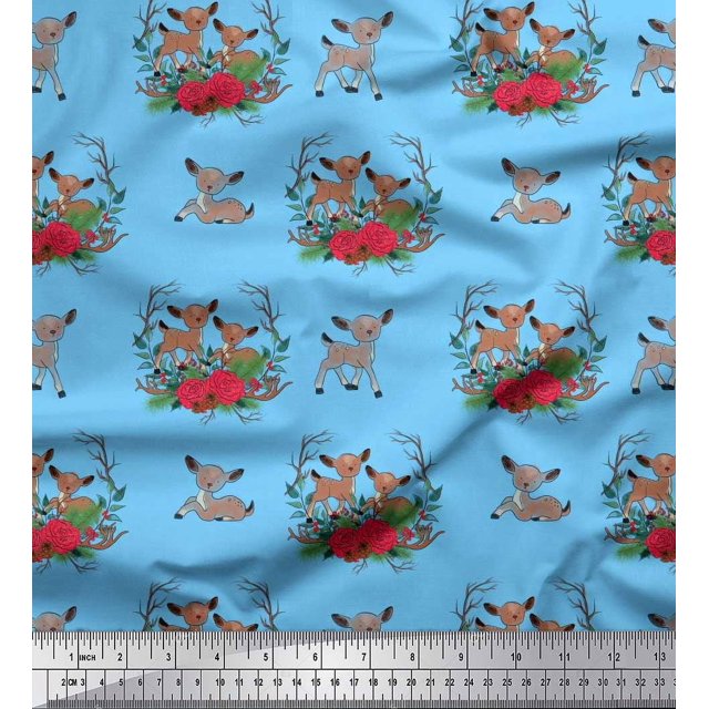 Soimoi Blue Poly Georgette Fabric Deer Animal Printed Fabric 1 Yard 42 Inch Wide