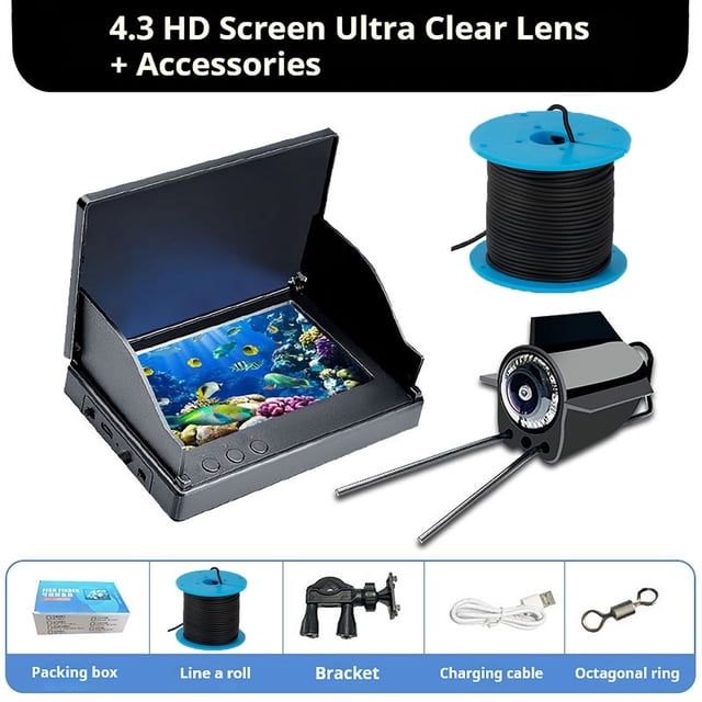 Underwater Fishing Camera, a fish finder with HD imaging, night vision probe, and temperature sensing. Features a 4.3-inch display, reel, stand, charging cable, and octagonal ring. Suitable for marine electronics applications, nighttime fishing, and winter fishing enthusiasts.