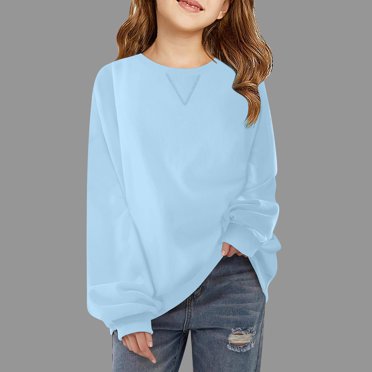 Milgrthf Girls Solid Color Hoodies Sweatshirts Pullover Long Sleeve Shirts Preppy Trendy Cute Hooded Tops 5-14 Years Light Blue 7 Years