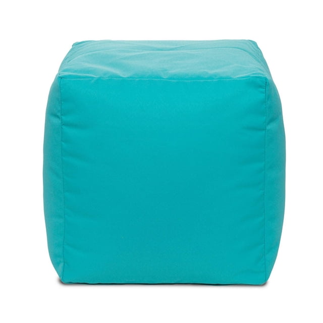 Gouchee Home Cube Soleil Outdoor/Indoor Peacock Ottoman Pouf in turquoise blue, a 16-inch cube with water-repellent Olefin fabric and high-density polystyrene bead filling, shown front-facing on white background, ideal as a lightweight kids' bean bag chair, footrest, or casual seat.